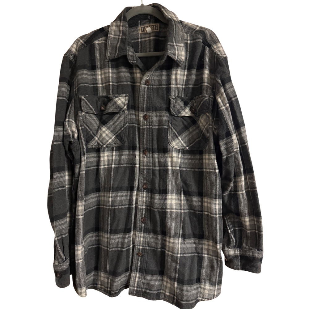 Duluth Trading Co Mens XL Gray White Plaid Flannel Long Sleeve Button Down Shirt